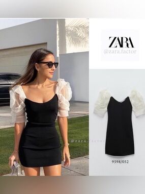 ZARA Combination Knit Dress with White Puff Sleeve NWT